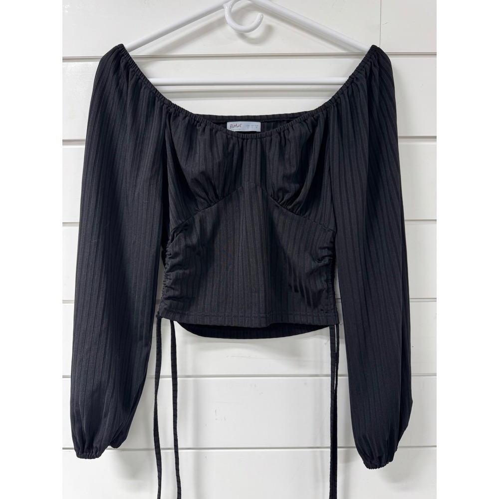 Romwe Black Ribbed Long Sleeve Crop Top Ruched Side Tie Off Shoulder Small